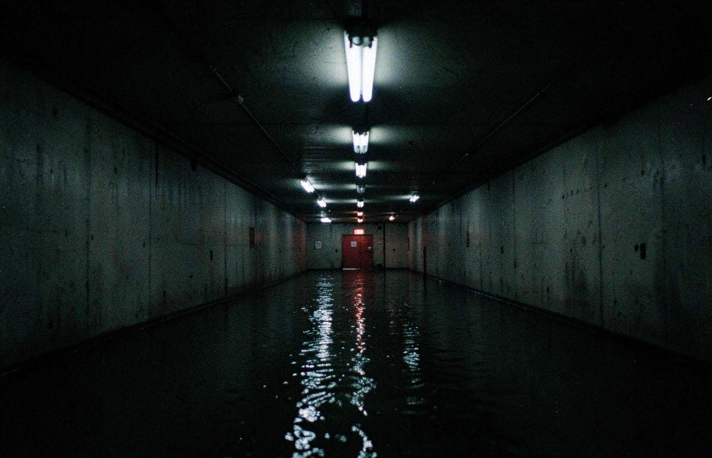 The tunnel briefly illuminated by failing lights